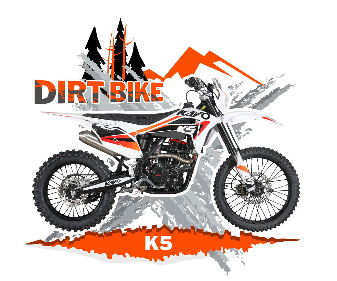 KAYO K5 stylized Dirt Bike feature graphic banner with alpine scenery