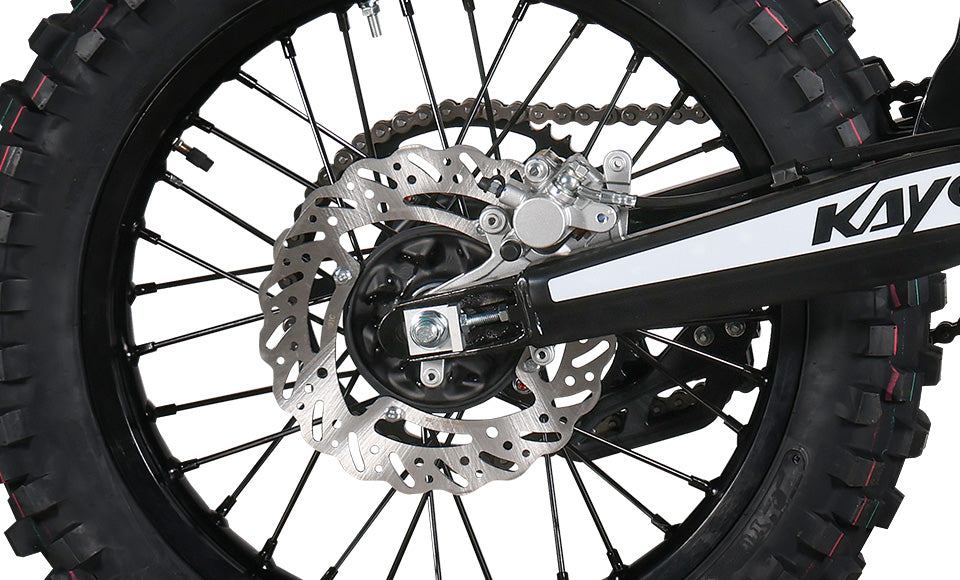 KAYO K5 280 rear 3/4 left angle view showing aluminum swingarm and 18-inch rear wheel