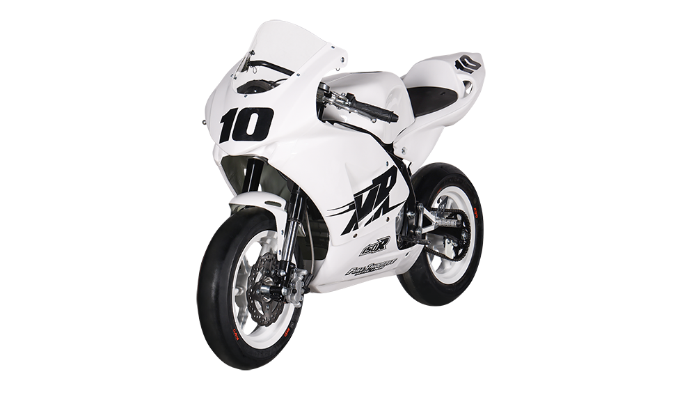 Rider #69 leaning through a paved track turn on the KAYO MiniGP MR150R