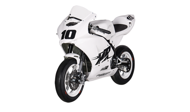Rider #69 leaning through a paved track turn on the KAYO MiniGP MR150R