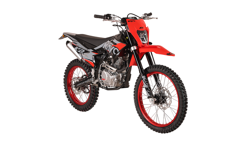 KAYO K2 230 rear 3/4 right view showing exhaust silencer, rear wave disc brake, and 18-inch red rim
