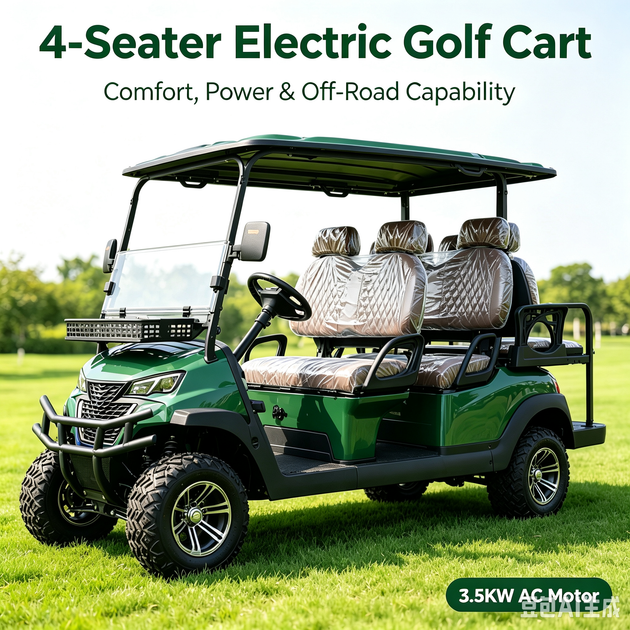 Six-passenger electric golf cart with 3.5 kW AC motor, 60V 100Ah battery, display, reversing camera and independent suspension