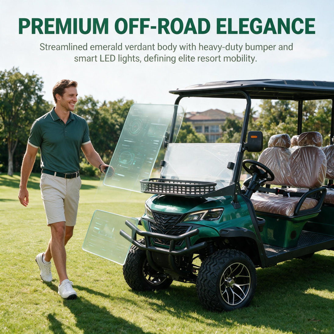 Green four-passenger electric off-road golf cart with roof, windshield and front bumper