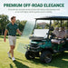 Green four-passenger electric off-road golf cart with roof, windshield and front bumper