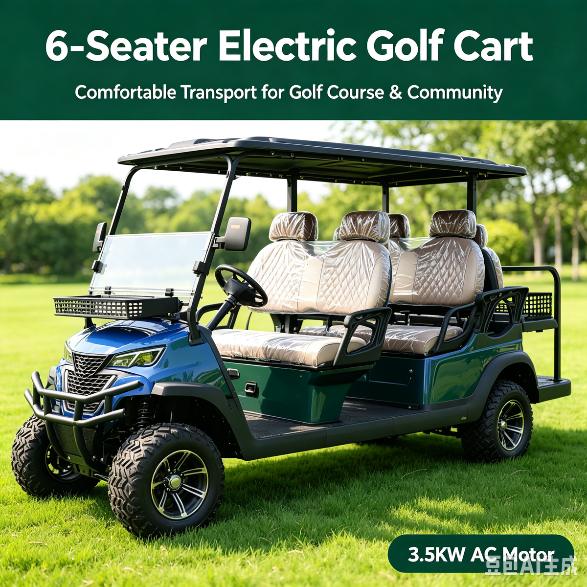 Green electric off-road golf cart with cushioned seating, roof, windshield and 3.5 kW AC motor