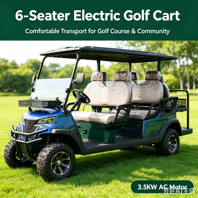 Green electric off-road golf cart with cushioned seating, roof, windshield and 3.5 kW AC motor