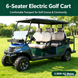 Green electric off-road golf cart with cushioned seating, roof, windshield and 3.5 kW AC motor