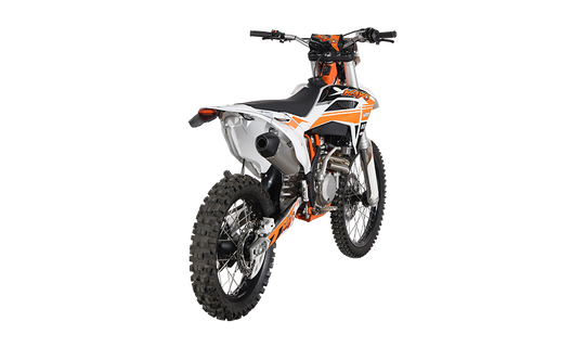 KAYO K6 250 front 3/4 left angle view showing white front disc guard, inverted forks, and headlight