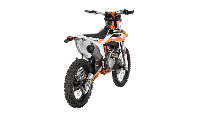 KAYO K6 250 front 3/4 left angle view showing white front disc guard, inverted forks, and headlight
