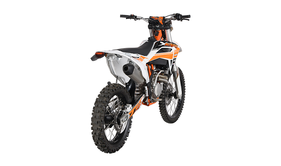 KAYO K6 250 front 3/4 left angle view showing white front disc guard, inverted forks, and headlight