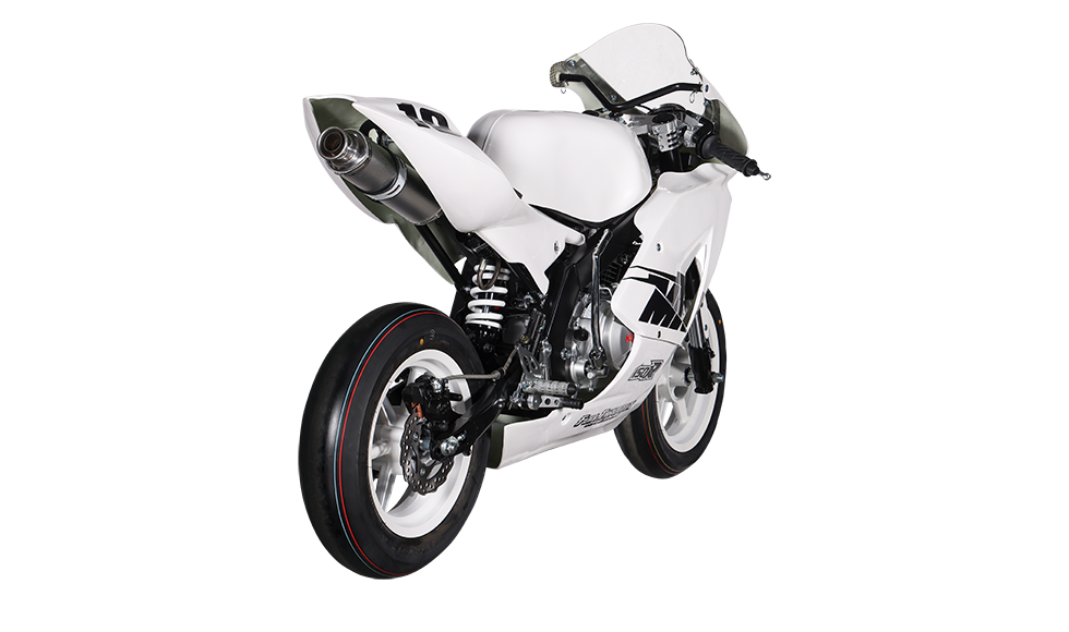 KAYO MiniGP MR150R rear 3/4 right angle view showing rear disc brake and slick tire