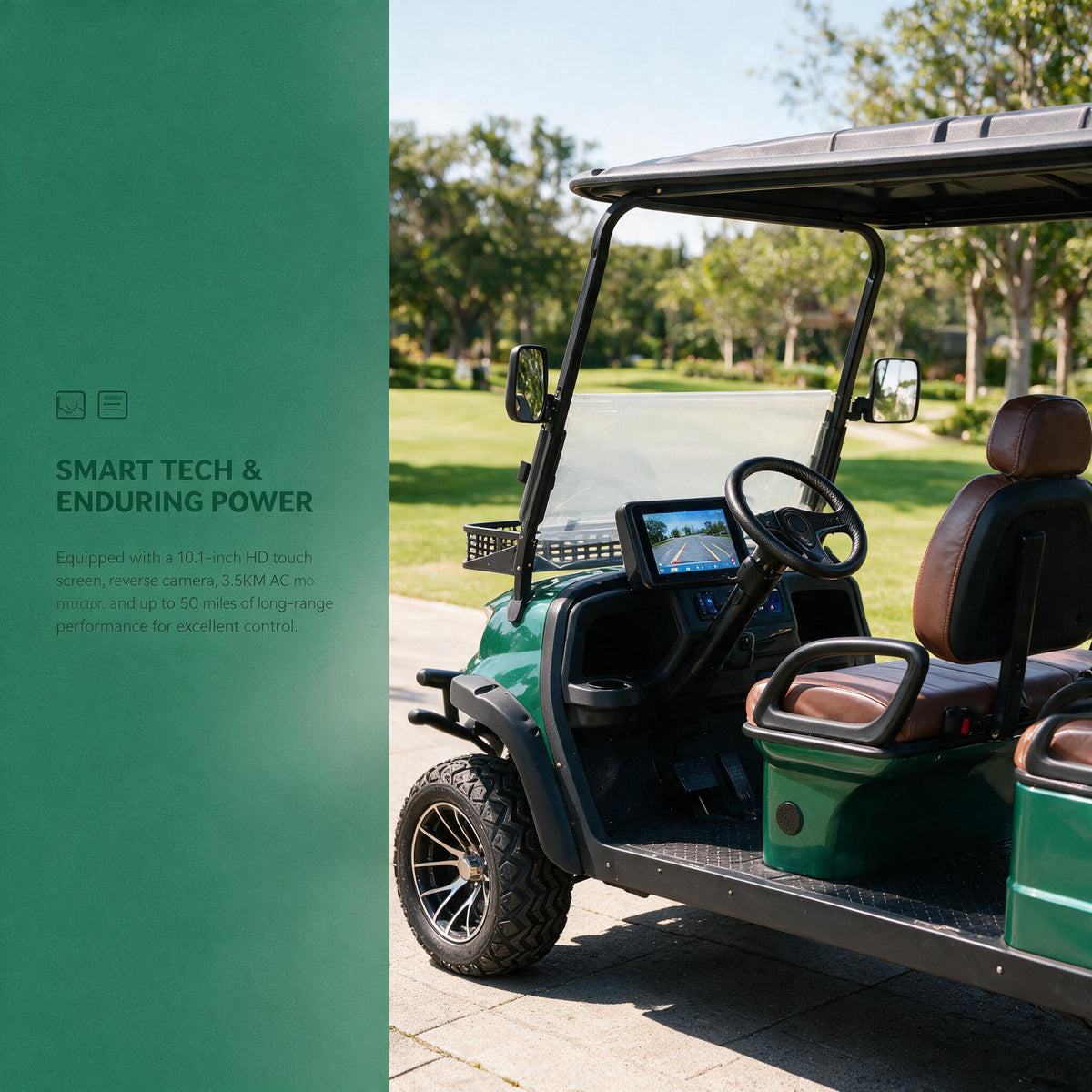 Premium green electric golf cart with LED lights, heavy-duty bumper and all-terrain wheels