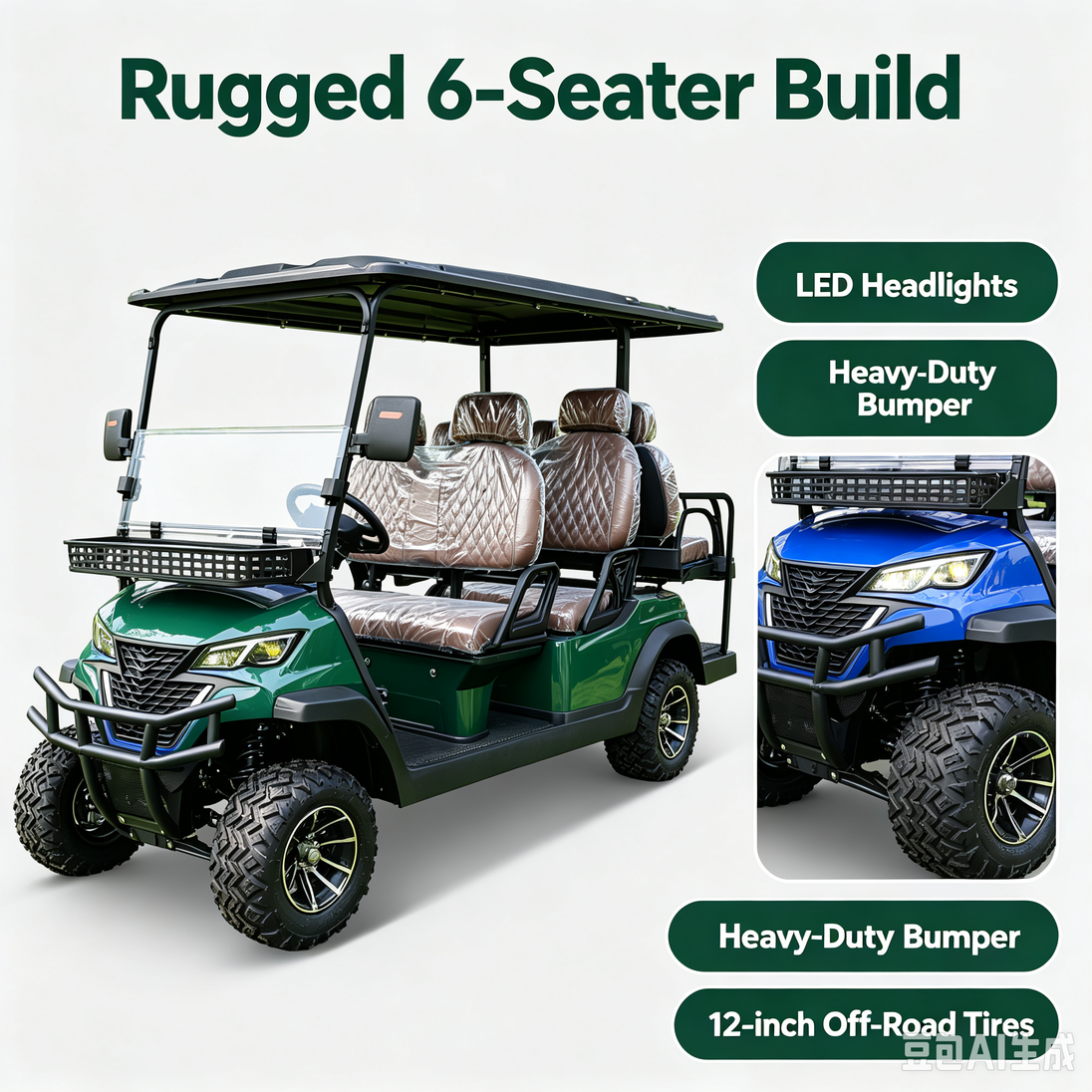 Six-passenger electric golf cart specification chart showing dimensions, motor, battery, speed and range