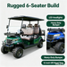 Six-passenger electric golf cart specification chart showing dimensions, motor, battery, speed and range