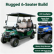 Six-passenger electric golf cart specification chart showing dimensions, motor, battery, speed and range