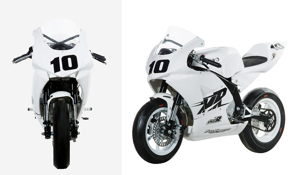 KAYO MiniGP MR150R front and 3/4 left studio comparison shot