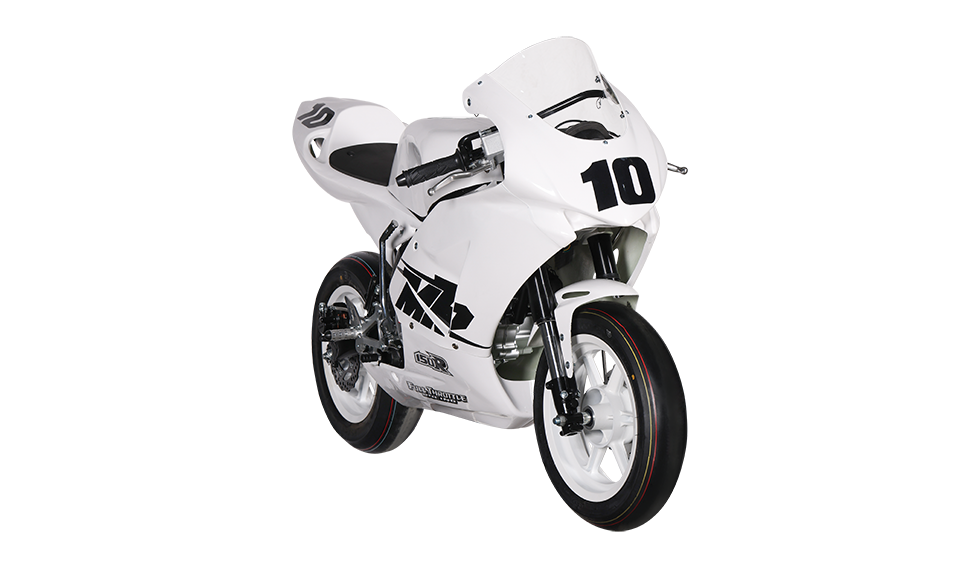 KAYO MiniGP MR150R rear 3/4 left angle view showing under-seat exhaust and 12-inch slick tire
