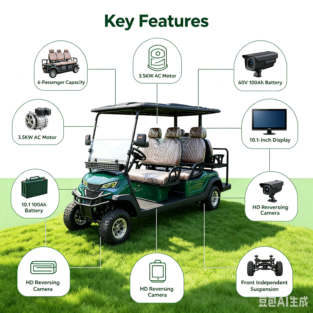 Green and blue six-seater electric golf cart for golf courses, resorts and communities