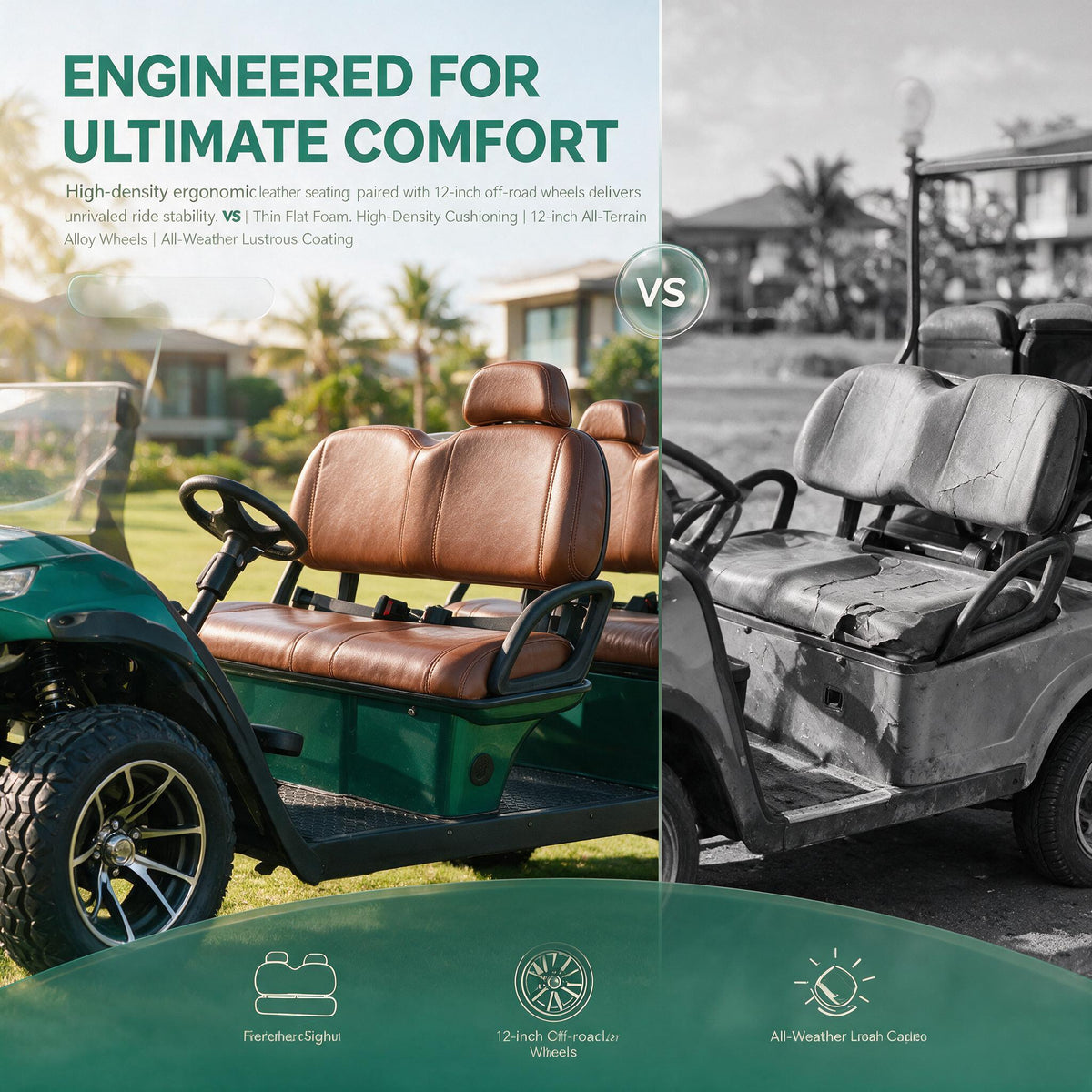 Four-passenger green electric golf cart with premium brown cushioned seats and off-road wheels