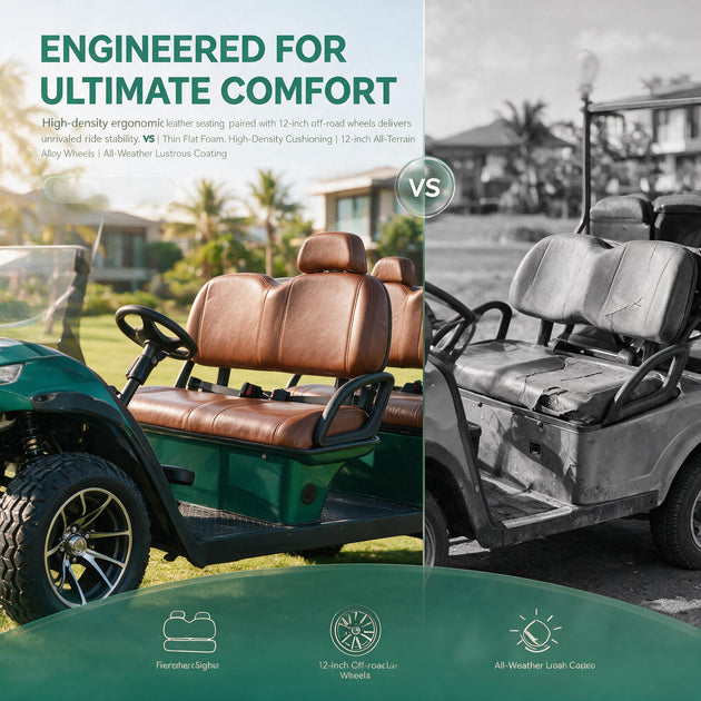 Four-passenger green electric golf cart with premium brown cushioned seats and off-road wheels