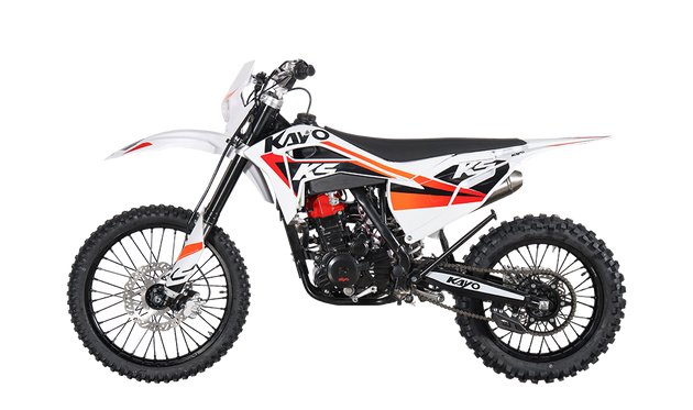 KAYO K5 280 dirt bike front 3/4 left angle view with headlight and inverted forks