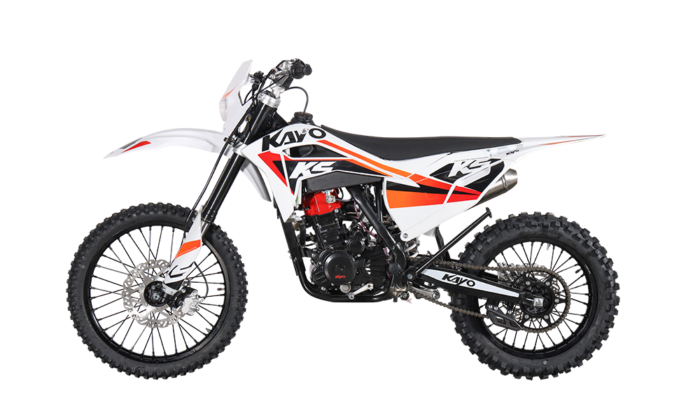 KAYO K5 280 dirt bike front 3/4 left angle view with headlight and inverted forks
