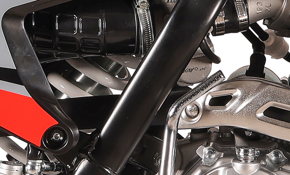 KAYO K2 230 223cc engine, kick starter, rear shock, and red rim detail