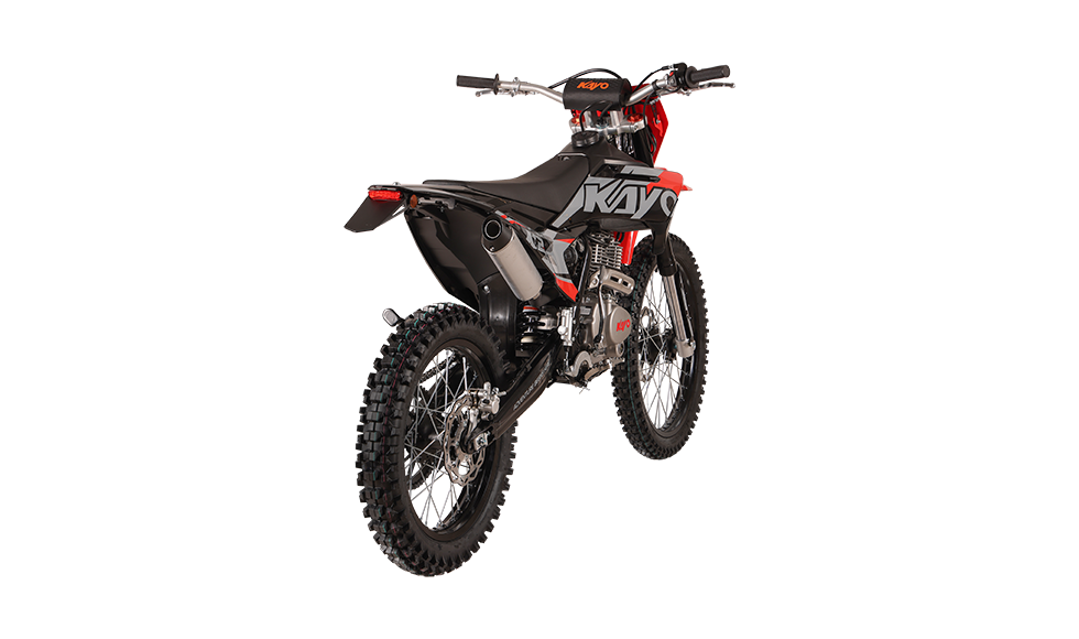 KAYO K2 Pro 250 dirt bike front 3/4 left angle view with headlight and 21-inch front wheel