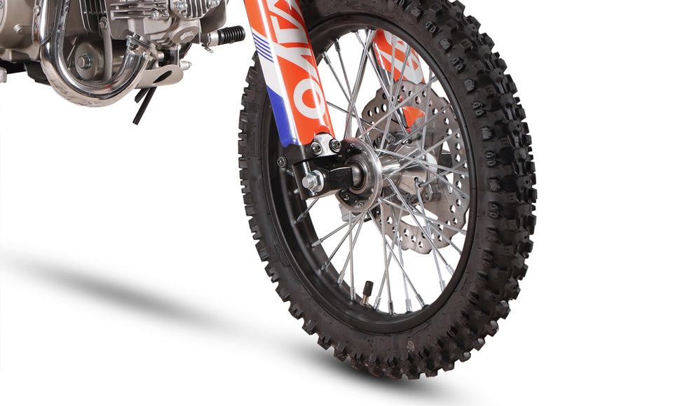 KAYO TD125 14-inch front wheel, knobby tire, and disc brake rotor detail