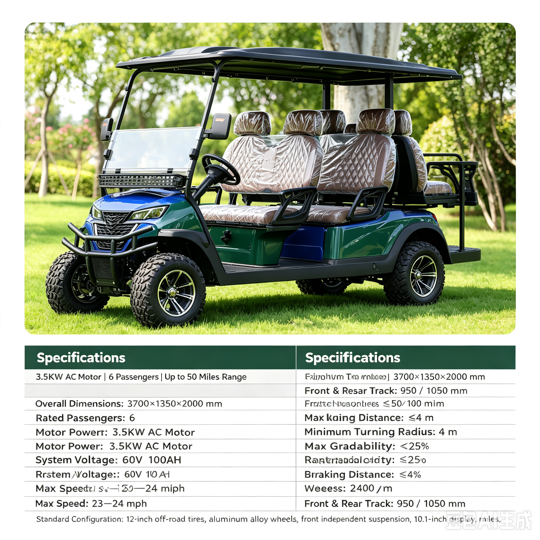 Rugged six-passenger electric golf cart with LED headlights, heavy-duty bumper and 12-inch off-road tires