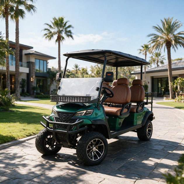 Four-passenger green electric golf cart driving on a golf course