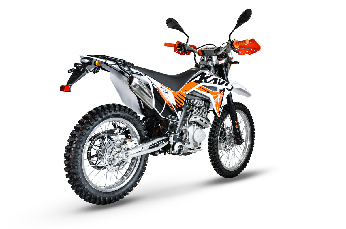 KAYO T2 Enduro front 3/4 left angle view showing headlight, handguards, and inverted forks