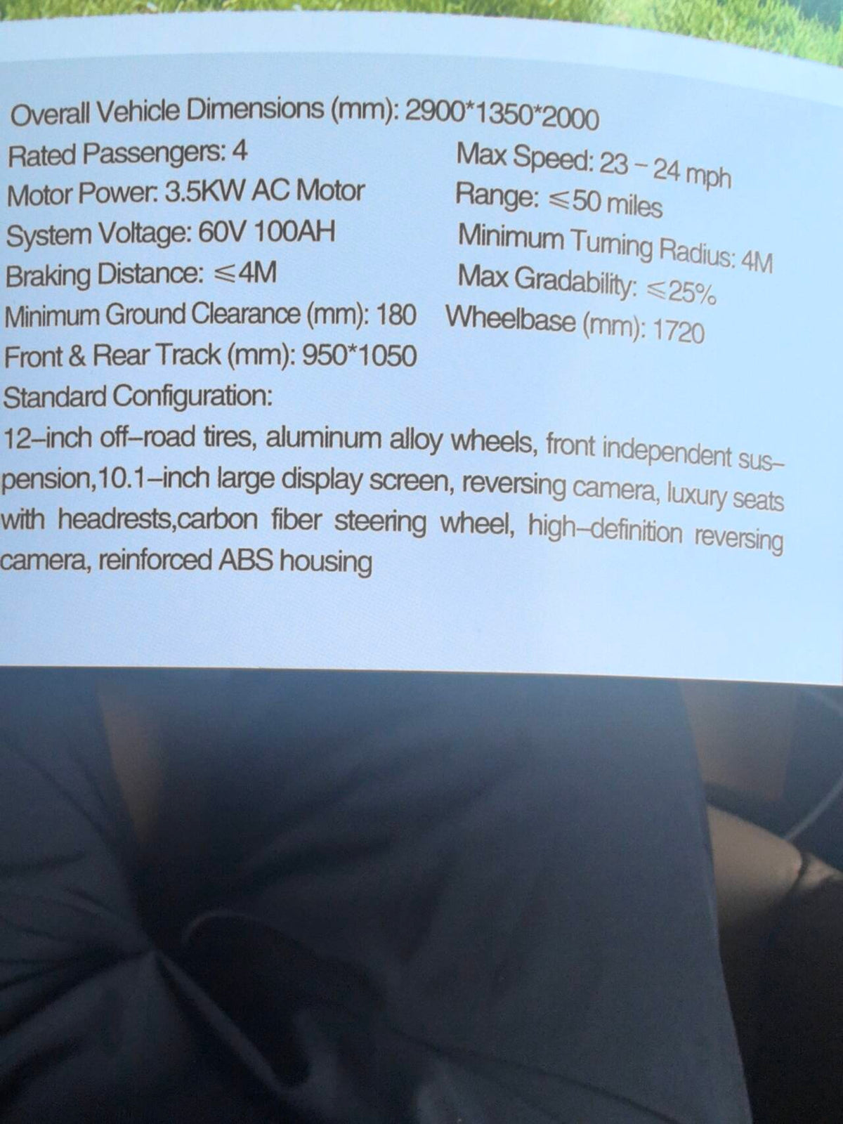 Technical specifications for the four-passenger 60V electric off-road golf cart