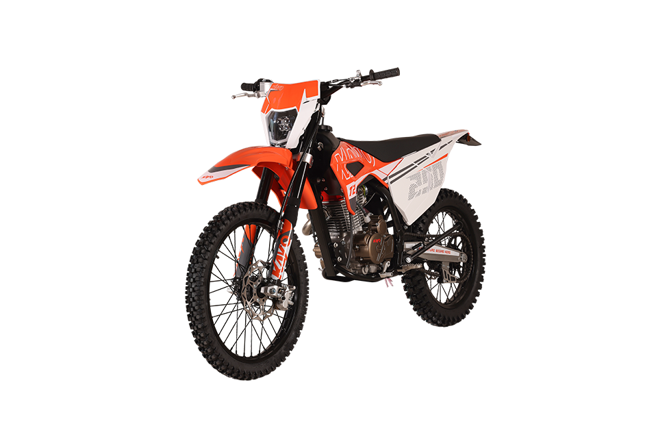 KAYO T2 250 dirt bike front 3/4 left angle view with headlight