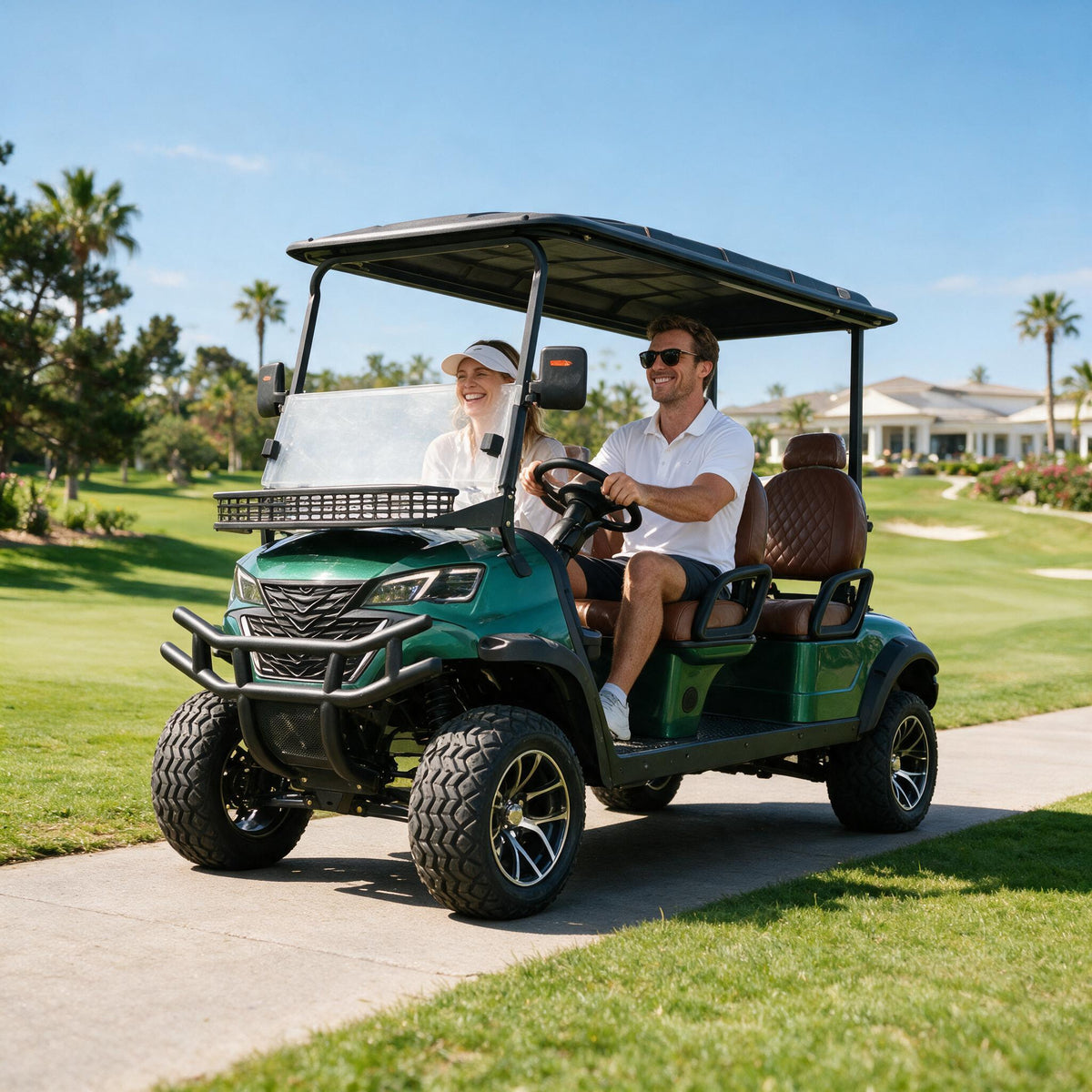 Electric golf cart cockpit with 10.1-inch display, steering wheel and reversing camera