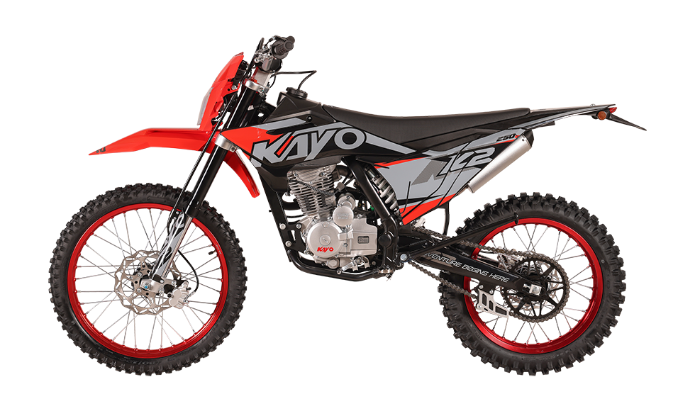 KAYO K2 230 frame, carburetor, air filter boot, and rear shock absorber detail