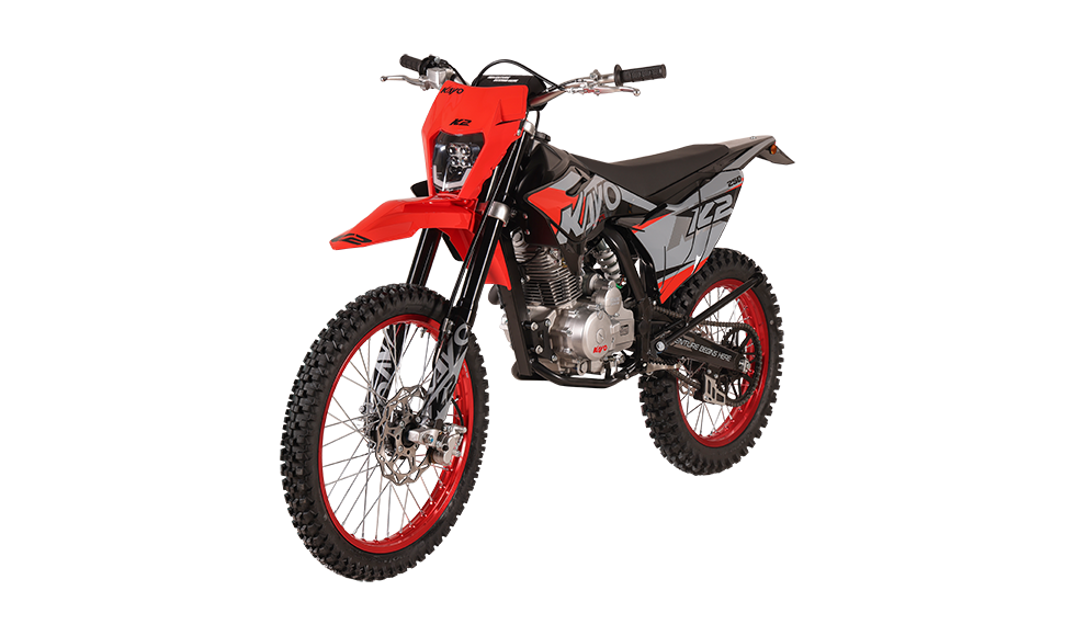 KAYO K2 230 dirt bike left profile view showing red anodized rims on black background