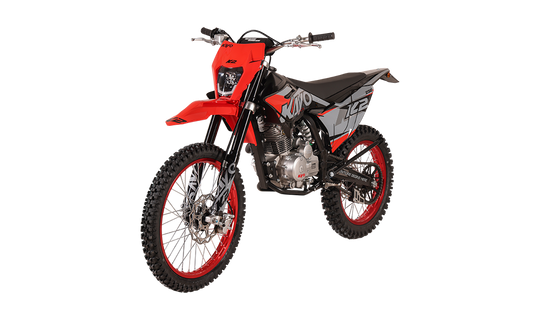 KAYO K2 230 dirt bike left profile view showing red anodized rims on black background