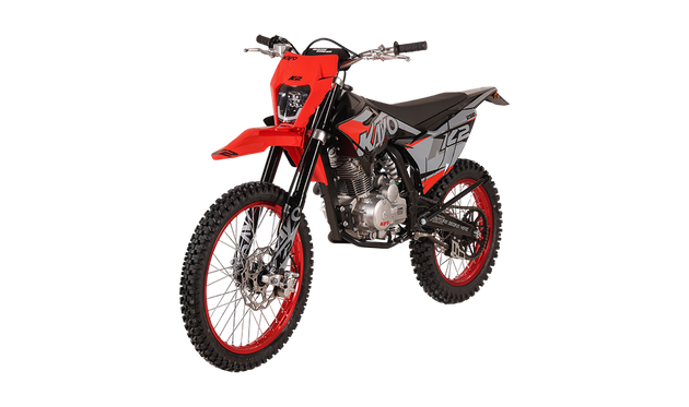 KAYO K2 230 dirt bike left profile view showing red anodized rims on black background