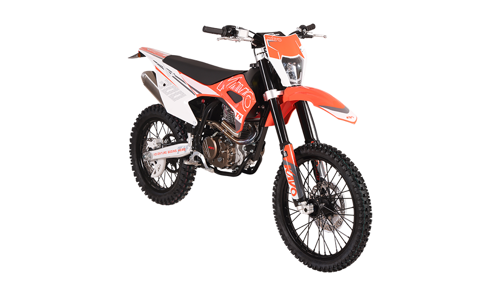 KAYO T4 300 21-inch front wheel, inverted fork, and disc rotor guard close-up