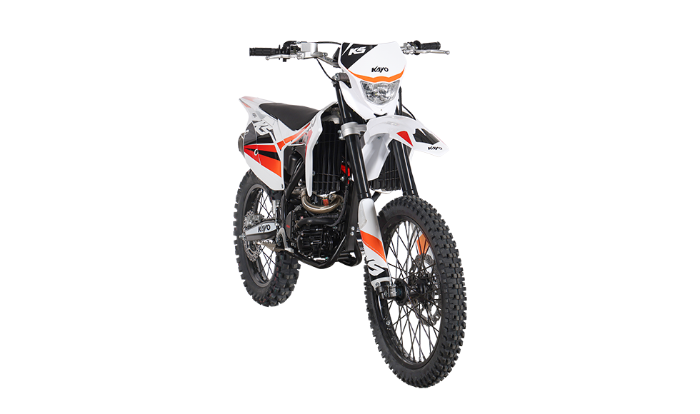 KAYO K5 280 18-inch rear wheel, wave disc rotor, and aluminum swingarm close-up