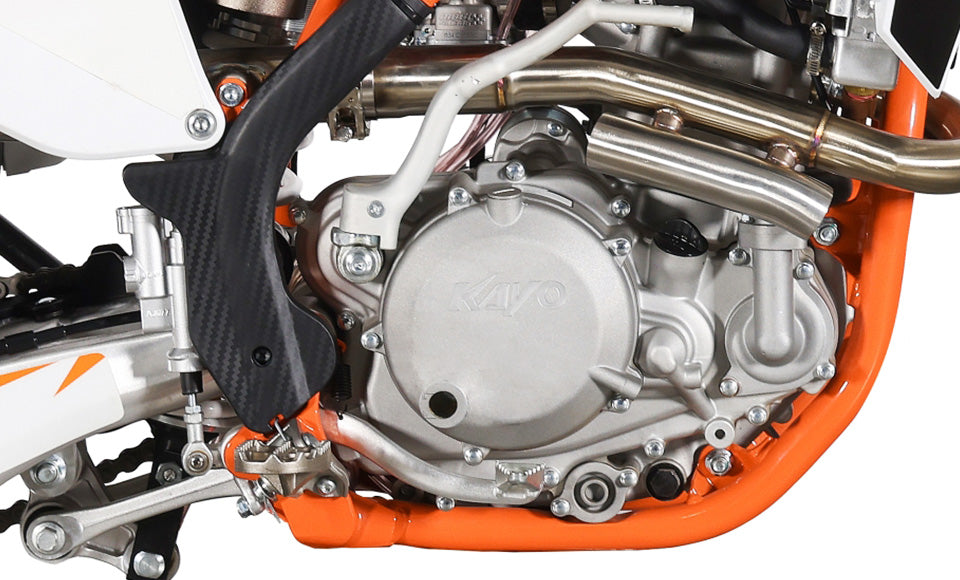 KAYO K6 250 front fork, radiator, disc guard, and 21-inch knobby tire close-up