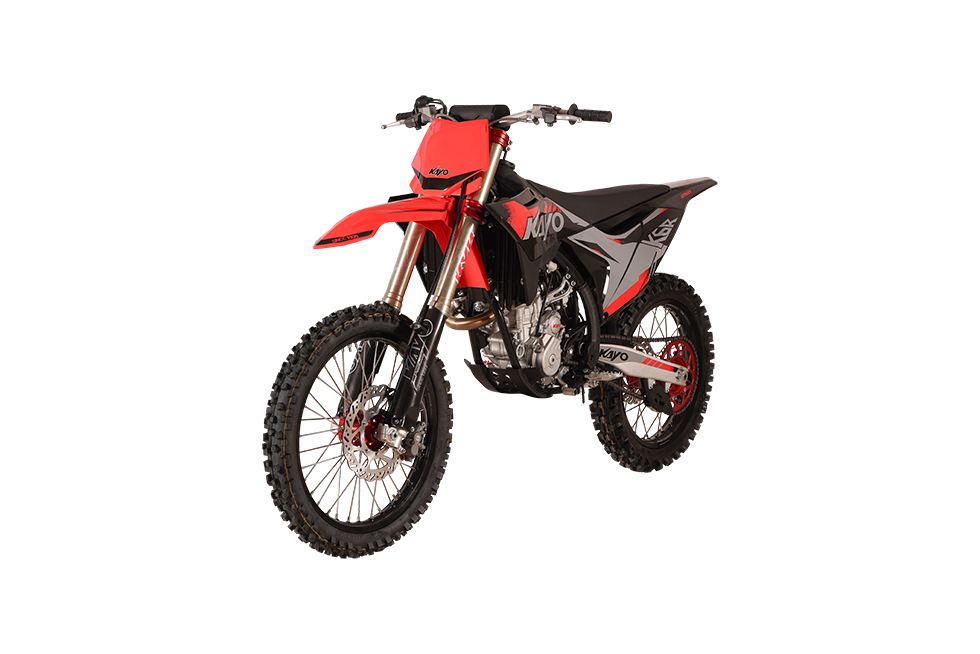 KAYO K6R 250cc dirt bike front 3/4 left perspective showing front wave disc brake