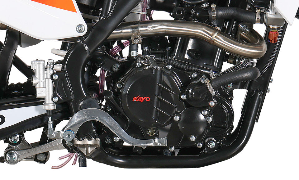 KAYO K5 280 rear 3/4 right view showing stainless exhaust silencer and rear disc brake