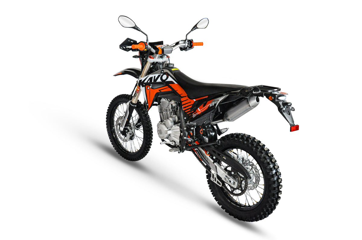 KAYO T4 Enduro front 3/4 right view showing headlight, mirrors, and handguards