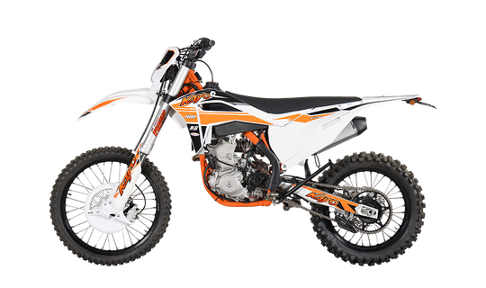KAYO K6 250 DOHC dirt bike right profile view on black background showing orange frame and KRP graphics