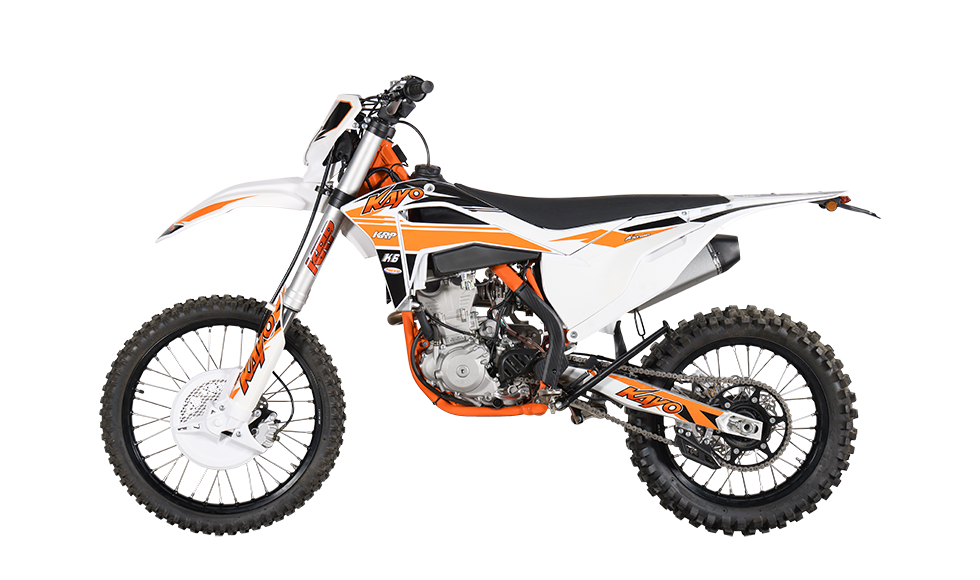 KAYO K6 250 DOHC dirt bike right profile view on black background showing orange frame and KRP graphics