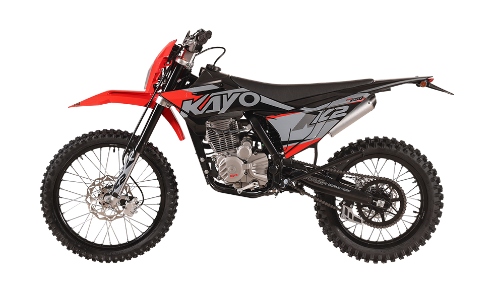 KAYO K2 Pro 250 rear 3/4 left angle view showing chain drive, swingarm, and taillight