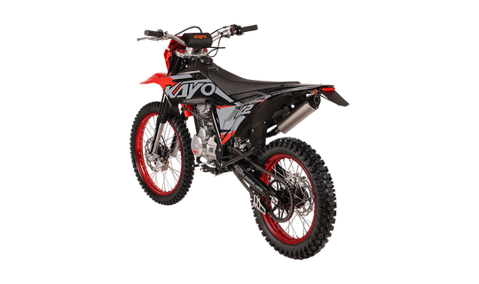 KAYO K2 230 dirt bike front 3/4 left angle view with headlight and 21-inch red wheel