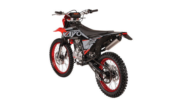 KAYO K2 230 dirt bike front 3/4 left angle view with headlight and 21-inch red wheel